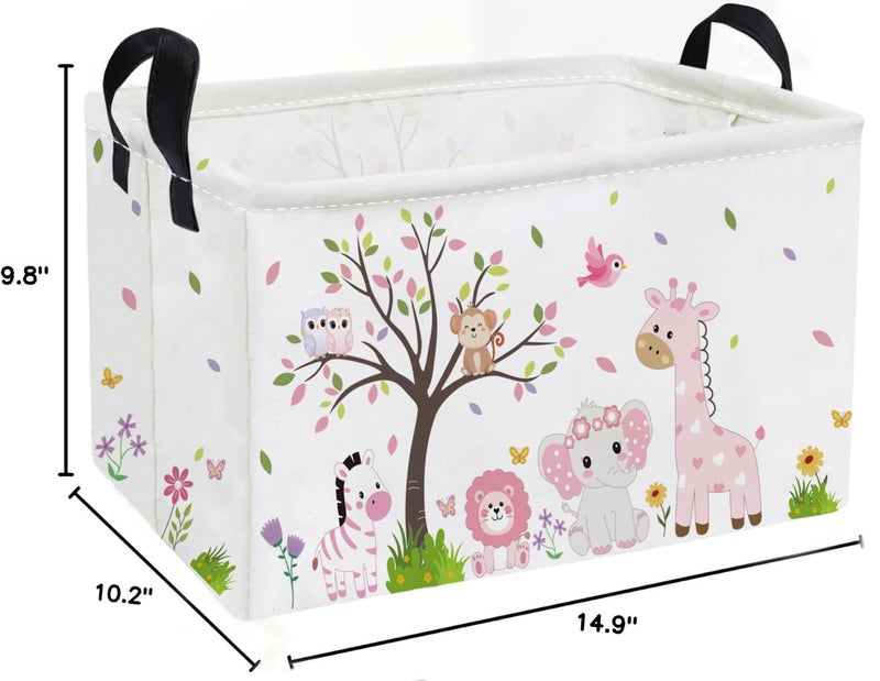 Essme Rectangular Animal Baskets,Pink Storage Basket with Handles for Girls Room Decor,Cute Storage Bin(Pink animal) - Image 2
